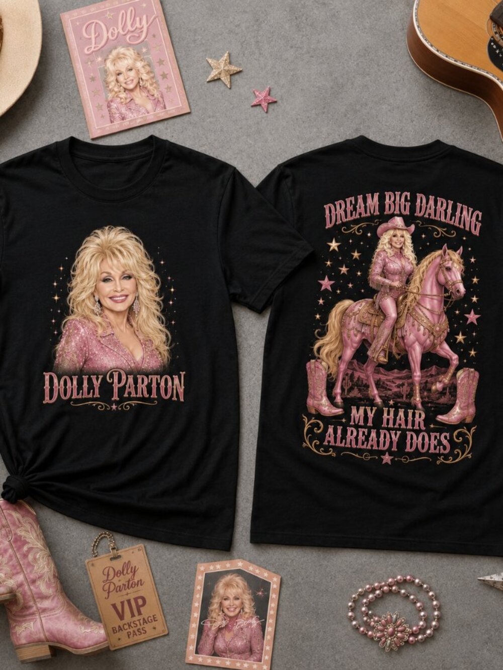Dolly Parton Dream Big Darling Pink Western Graphic 2 Sided T Shirt